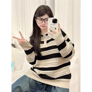 条纹针织衫2025年新款穿搭宽松翻领条纹针织Polo衫高端百搭上衣,男装针织衫/毛衣,星座516A