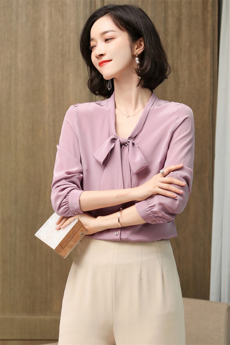2025春装蝴蝶结真丝衬衫女长袖纯色桑蚕丝上衣衬衣通勤飘带小衫,女装衬衫,阿舍尔精品