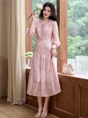 2026夏季新款花边系带真丝连衣裙时尚印染高端大气简约百搭裙子，女装连衣裙，阿舍尔精品