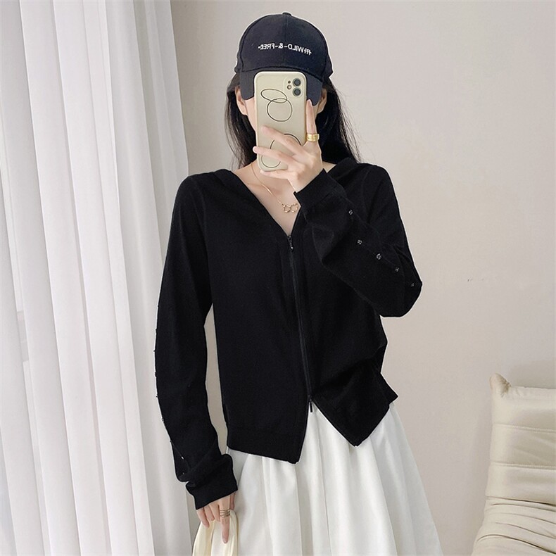 秋冬新款羊毛拉链开衫女连帽时尚百搭毛衣外套宽松羊绒针织衫，女装羊毛衫，米莲尼羊绒