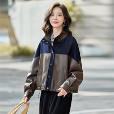 复古时尚立领牛仔拼接皮外套女2025秋季新款时尚百搭短款夹克上衣，女装皮衣，简古