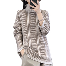 复古高领中长款100%纯羊毛衫女套头宽松拼色慵懒羊绒衫针织衫毛衣，女装羊毛衫，迅太羊绒
