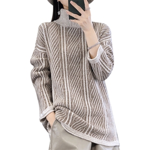 复古高领中长款100%纯羊毛衫女套头宽松拼色慵懒羊绒衫针织衫毛衣图片