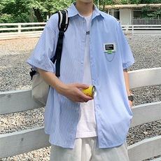 高品质全棉冰丝条纹短袖衬衫港风撞色衬衣XCS222-特P29控58，男装衬衫，电商B370