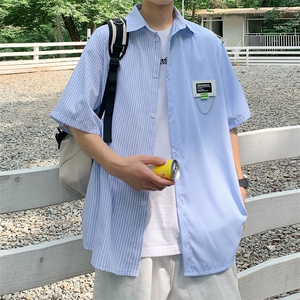 高品质全棉冰丝条纹短袖衬衫港风撞色衬衣XCS222-特P29控58图片