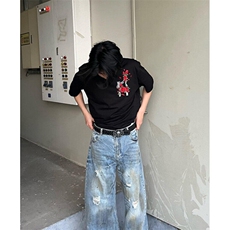 玫瑰印花T恤女夏季美式设计感休闲短袖男潮牌情侣款上衣TC06，男装T恤，星座1116A（原606A-3）