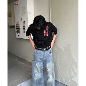 玫瑰印花T恤女夏季美式设计感休闲短袖男潮牌情侣款上衣 TC06图片