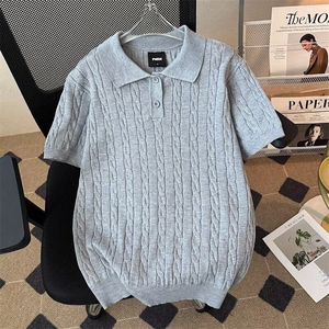高品质 百搭时尚ins潮流美式复古小马翻领宽松麻花短袖针织POLO衫图片