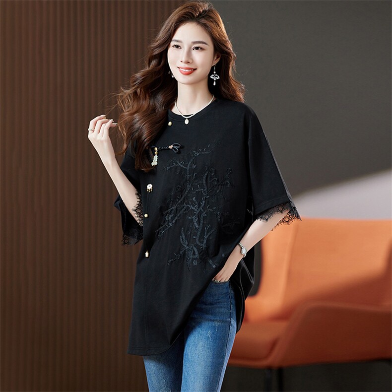 大码宽松圆领T恤女中长款2025国风刺绣拼接短袖体恤胖MM显瘦小衫，女装T恤，浙宝2-166