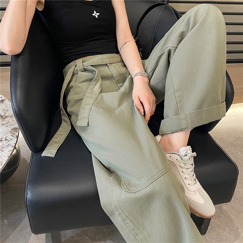 灰绿色飘带休闲阔腿牛仔裤女2025夏季新款高腰宽松显瘦坠感拖地裤,女装休闲裤,梦白服饰厂