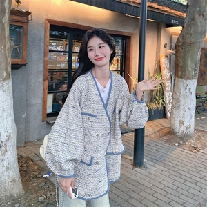 miu系灰蓝色小香风外套女春秋2025新款超火好看独特漂亮夹克上衣图片