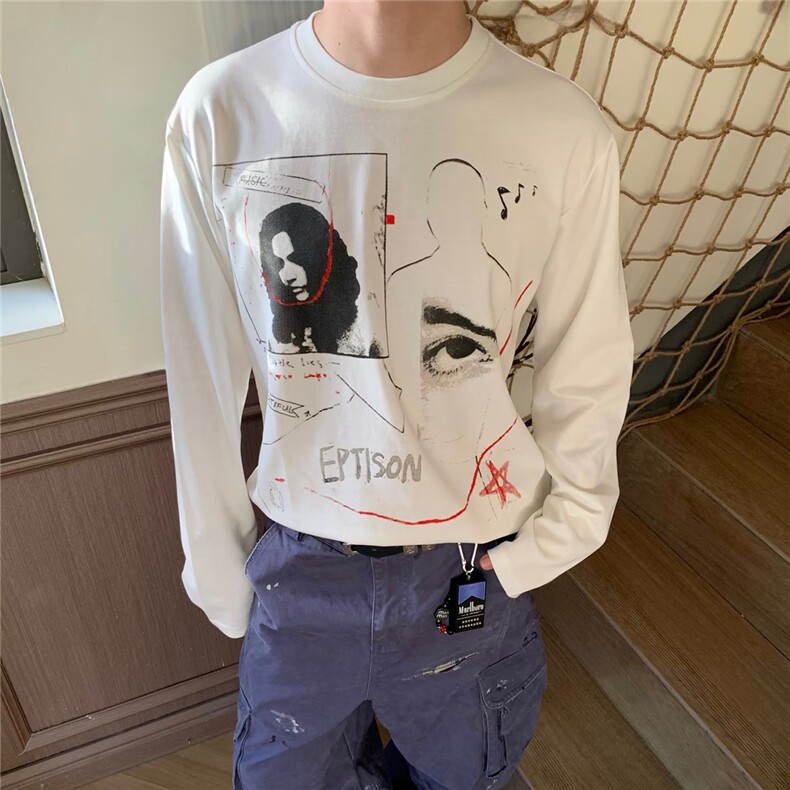 网图现货潮美式美式复古抽象印花圆领长袖T恤CT822-P29图片