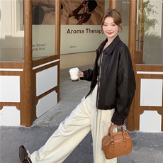 时尚高级感咖色翻领淡人皮衣女2025秋季慵懒风潮流复古pu夹克外套，女装皮衣，2C050