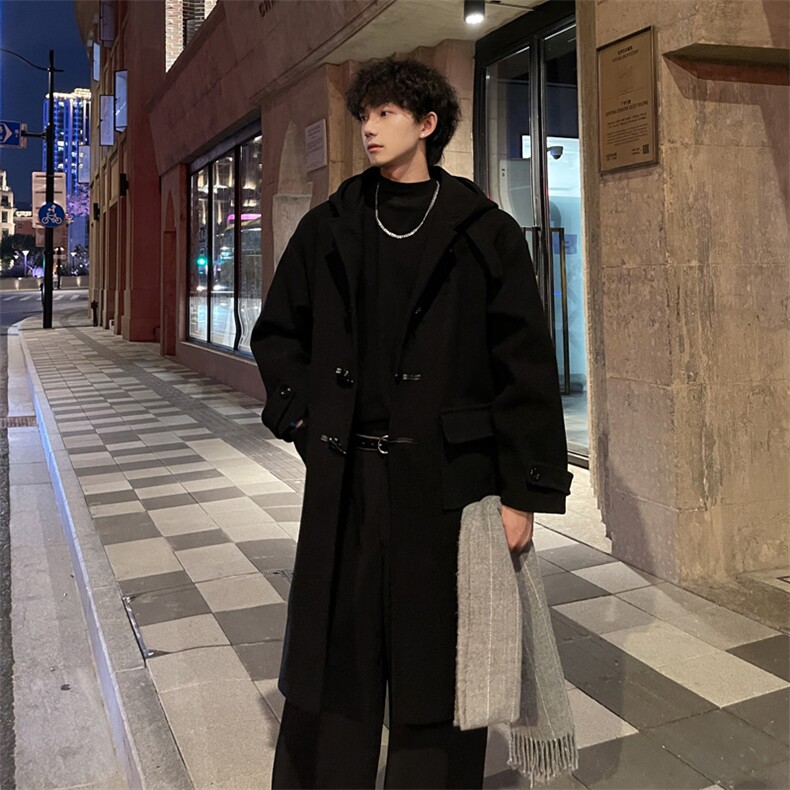 秋冬新款牛角扣连帽毛呢大衣男宽松风衣外套MN00706/P125加棉P135,男装风衣,电商B316