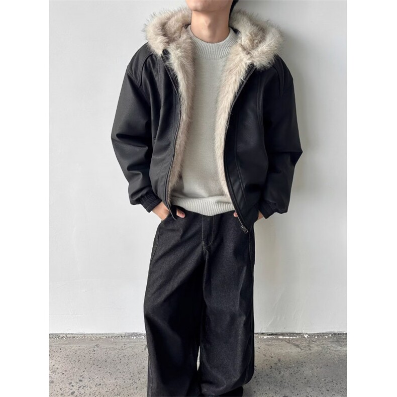 座山雕加厚皮棉服男女磨毛高级感毛领连帽外套 网 B122-P108图片