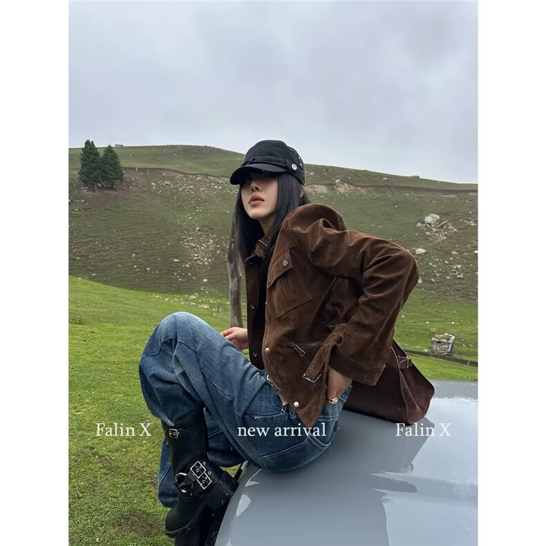 网络图现货美式原创设计高级感咖啡色麂皮美拉德外套JHT270-P90,女装短外套,星座715-7