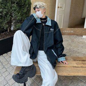撞色cleanfit格纹夹克牛仔外套男女生秋季新款宽松夹克 JK8963图片