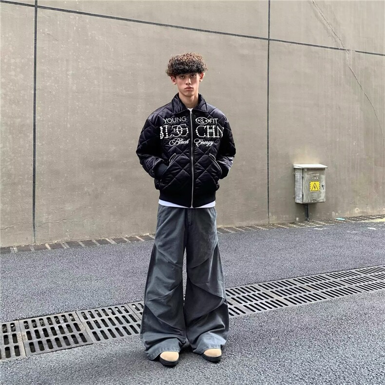 嘻哈风刺绣珍珠黑色菱格棉服夹克男美式复古街头休闲加厚保暖外套，男装夹克，四季星座505