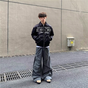 嘻哈风刺绣珍珠黑色菱格棉服夹克男美式复古街头休闲加厚保暖外套,男装夹克,四季星座505