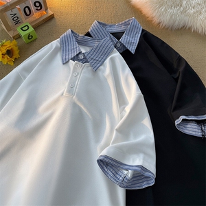 8XL-M假两件衬衫领短袖T恤大码夏季条纹拼接polo衫半袖DX1211/P45图片