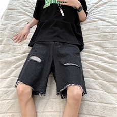 夏季薄款破洞牛仔裤男美式宽松直筒阔腿裤潮流五分裤，男装牛仔裤，星座410-7