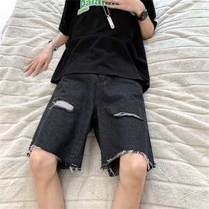 夏季薄款破洞牛仔裤男美式宽松直筒阔腿裤潮流五分裤图片