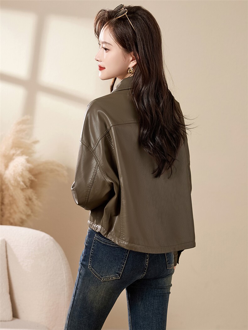 现货宽松蝙蝠袖绿色PU皮衣2024春装新款女装时尚百搭显瘦皮外套女,女装皮衣,潮流依族