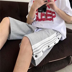 排扣条纹短裤男韩版潮流ins学生拼接夏季新款宽松五分裤DK645-P28图片