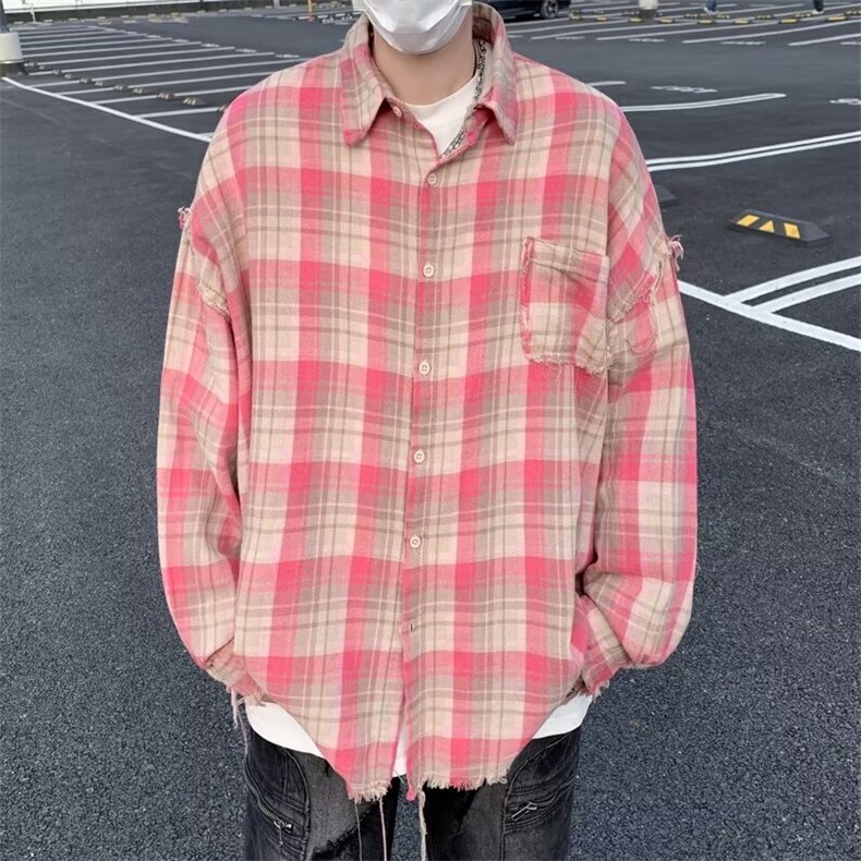 毛边格子衬衫简约原宿气质ins新款流行日系文艺长袖衬衫C142/P38,男装衬衫,星座506