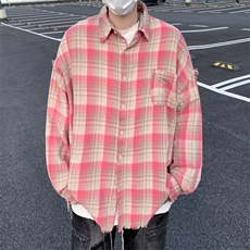 毛边格子衬衫简约原宿气质ins新款流行日系文艺长袖衬衫C142/P38，男装衬衫，星座506