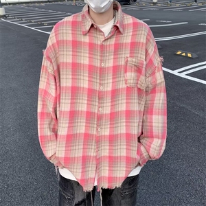 毛边格子衬衫简约原宿气质ins新款流行日系文艺长袖衬衫C142/P38图片