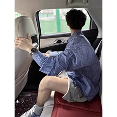 CS27-特P33控58美式复古蓝色格子长袖衬衫男潮流衬衣外套上衣，男装衬衫，电商B327
