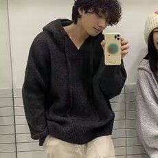 高级灰连帽针织毛衣衫男女秋冬古着复古宽松外套V17P55网图，男装针织衫/毛衣，电商B245