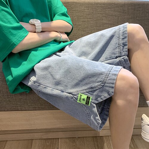 港风夏男牛仔短裤松紧腰抽绳直筒开衩浅蓝色五分裤D201-DM156-P45,浅蓝涂鸦t恤穿搭女图片
