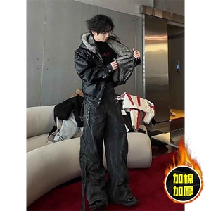 现货冬季美式潮牌痞帅PU皮机车服棉衣毛毛绒狼王座山雕皮棉服图片