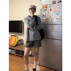 网图有货品质美式灰色亨利领条纹长袖宽松上衣T恤男女A941-P45，男装T恤，星座1505