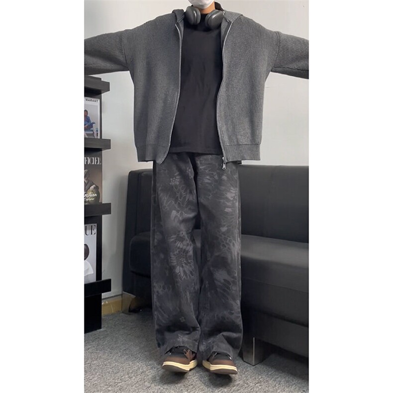 抖音品质美式高街oversize设计感蛇纹迷彩水洗弯刀裤,男装牛仔裤,星座310A-4