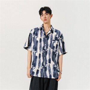 1冰丝扎染面料 聚酯纤维M-5XL大码短袖衬衫男DCS78033P35控58图片