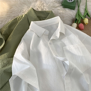 夏季新款日系泡泡哥纯色短袖衬衫大码宽松简易男女衬衣CS218-P28图片