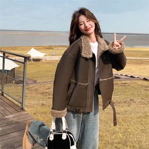 咖色复古皮毛一体机车棉服女冬装2024新款韩版高级感加厚加绒外套图片