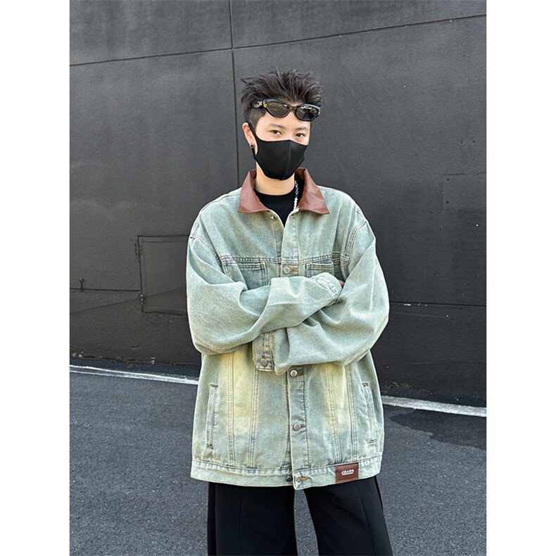 美式复古水洗做旧PU皮拼接牛仔外套潮流宽松休闲百搭夹克,男装工装外套,星座410-6（原星座1304-1）