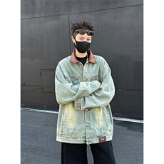 美式复古水洗做旧PU皮拼接牛仔外套潮流宽松休闲百搭夹克，男装工装外套，星座410-6（原星座1304-1）
