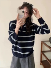 韩系温柔时尚感宽松显瘦撞色条纹羊毛衫女，女装针织衫/毛衣，德聚羊绒