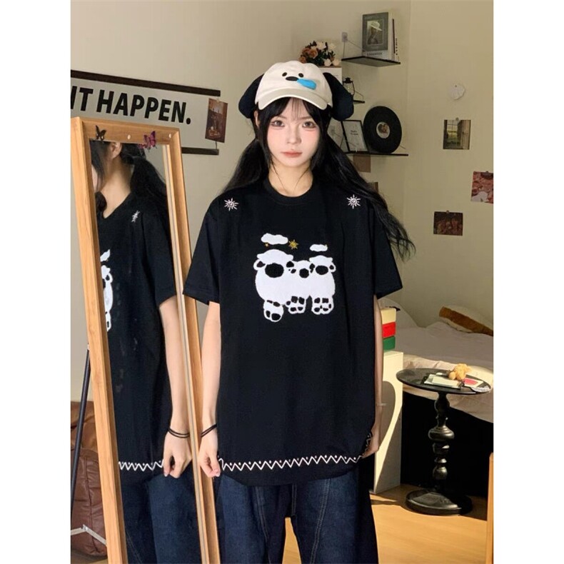 H0548-P35毛巾绣2026新款休闲宽松短袖t恤女（无围巾）图片