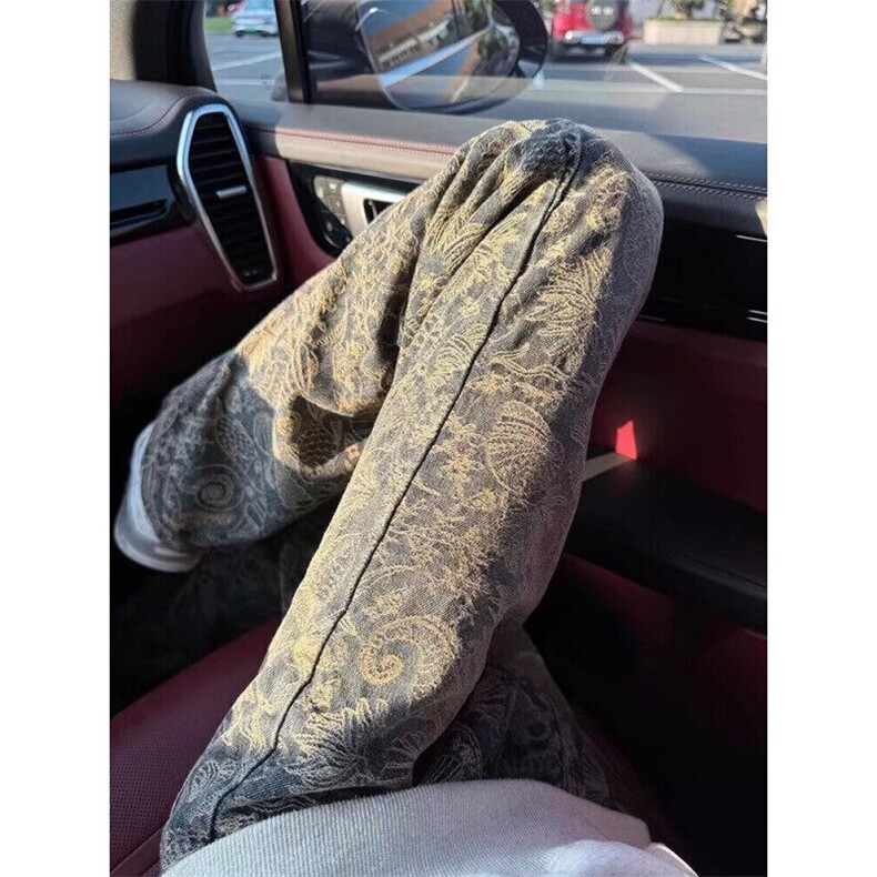 满印提花牛仔裤男潮牌美式高街腰果花裤子水洗微喇弯刀裤N8829,男装牛仔裤,星座1116A（原606A-3）