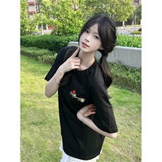 H0935-P35现货#原版刺绣螺纹领包边拉肩情侣款休闲短袖T恤，女装T恤，星座617A-2