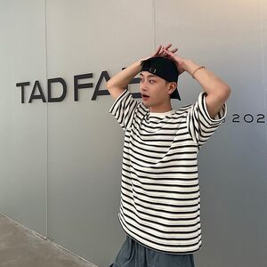DA167-P40新款日系复古条纹重磅圆领T恤男女宽松短袖-网图现货2图片