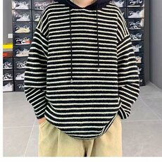 条纹拼色连帽毛衣男秋冬季复古日系慵懒风宽松针织衫外套，男装针织衫/毛衣，星座506A