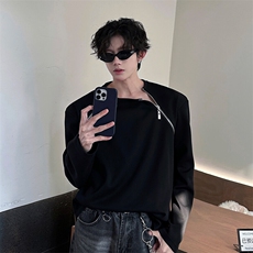现货高品质垫肩小众机车设计高街痞帅潮男打底衫长袖T恤特P48，男装T恤，电商B319