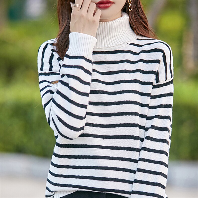 2025秋冬100%纯棉线高翻领加厚宽松款打底衫女条纹保暖针织衫毛衣,针织衫/毛衣,斯美雅电商供货